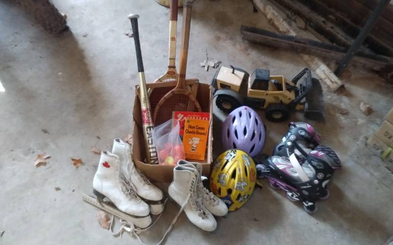 lot 237 image: Sporting Goods, Skates, Bat, Balls, Helmets, Tonka Truck