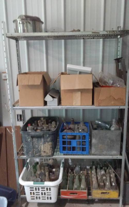 lot 242 image: Shelf & Contents  Old Glass Bottles & Jars, Pop Crates, Pop Bottles