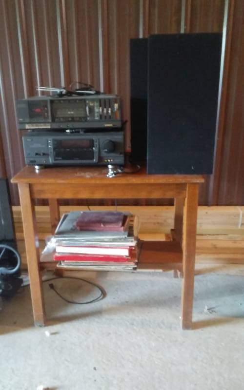lot 260 image: LLoyds AmFm Cassette, RCA Receiver, Stack Of Record Albums, Pair Speakers, Table