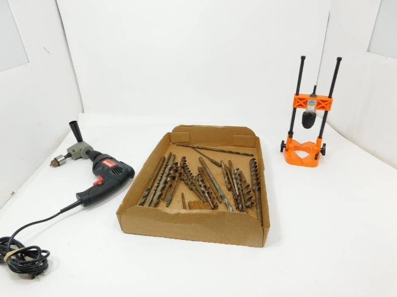 lot 37 image: Drill Master 38 Variable Speed Reversible Drill---Many Different Drill Bits--Drill Master Angle Drill Guide