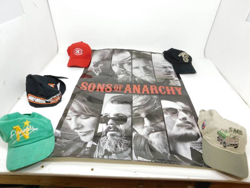 lot 41 image: Four Hats--Sons Of Anarchy Poster--Harley Davidson Bandana Head Wrap