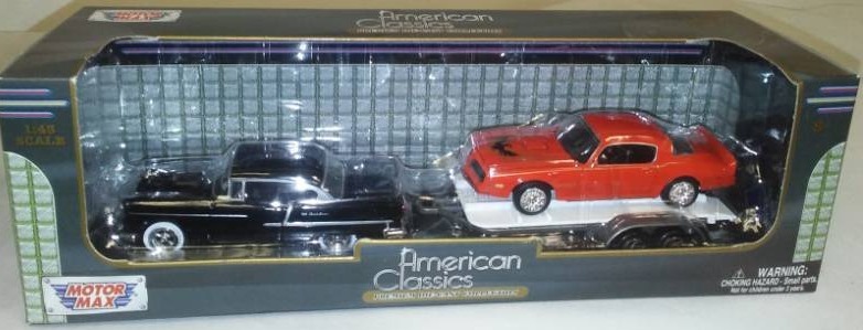 lot 90 image: 1955 Chevy Bel Air, 1977 Pontiac Firebird on trailer.