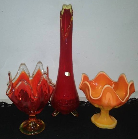 lot 121 image: 3 vintage mid-century modern orange glass.