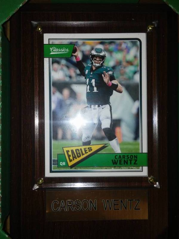 lot 136 image: Carson Wentz wood plaque,  New in box. NDSU Bison, NFL, Philadelphia Eagles.