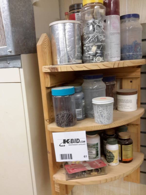 lot 61 image: Miscellaneous Jars of Hardware and Storage Shelf