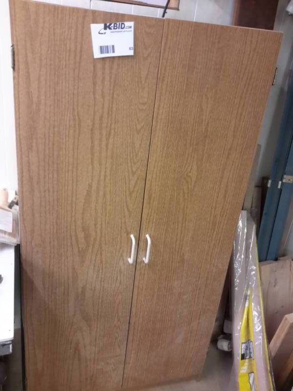 lot 63 image: Wood Upright Storage Cabinet with Hardware and Paint Inside