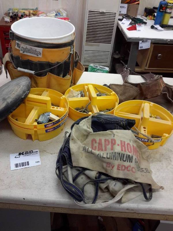 lot 105 image: Lot of Hardware Buckets, Tool Belts, and More