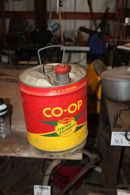 lot 175 image: Vintage Farmers Union Central Exchange Co-Op 5-Gallon Metal Gasoline Can