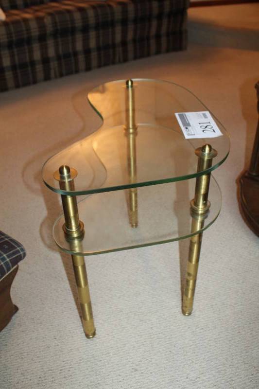 lot 281 image: 2-Glass Tier End Table w Brass Legs