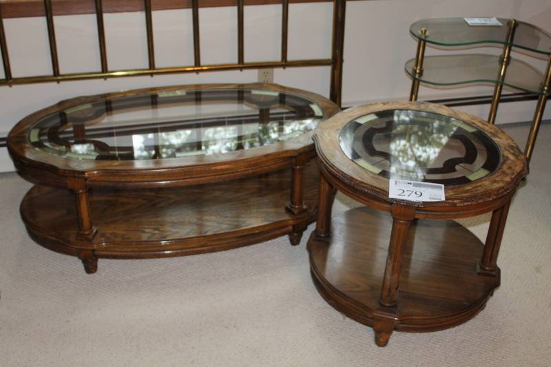 lot 279 image: Oval Glass-Top Coffee Table, Round Glass-Top End Table Set