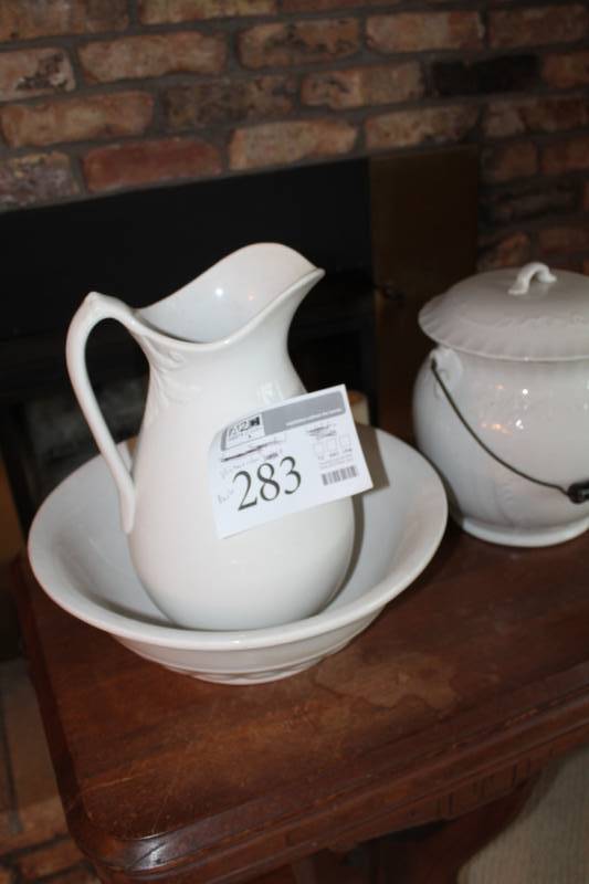 lot 283 image: Vintage Milk Glass Water Pitcher, Basin