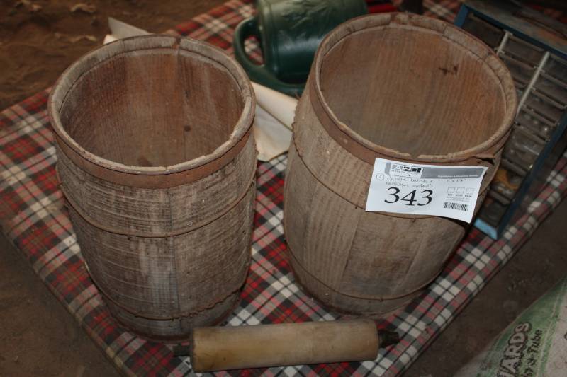 lot 343 image: Lot of (2) Vintage Wood Barrels, Hardware