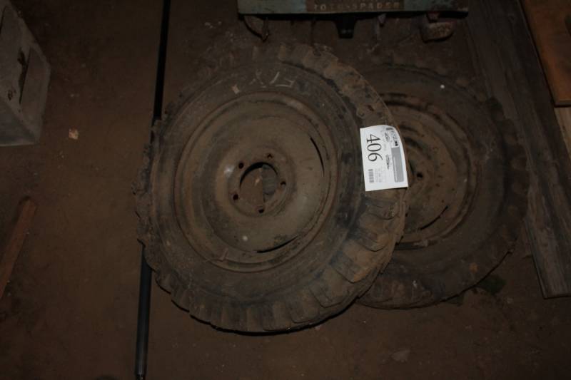 lot 406 image: Lot of (2) 6.50-16 Heavy Duty Nylon Tires w 5-Lug Wheels