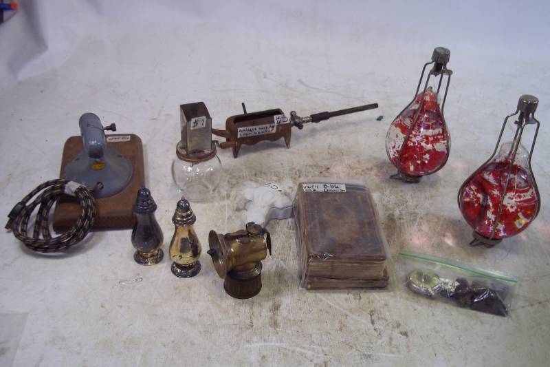 Antique Lot with Curling Iron heater, pair of lamps, Salt n Pepper shakers and more