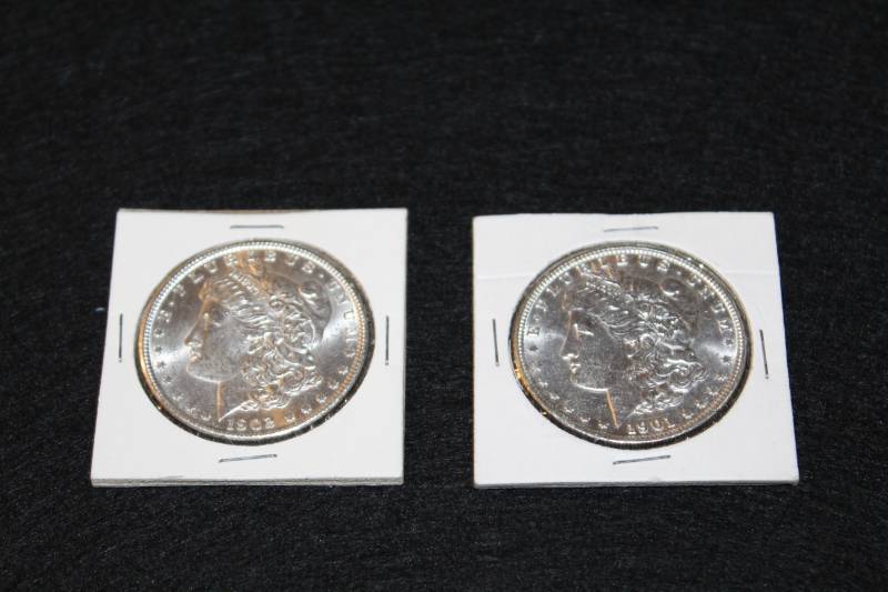 lot 3 image: Lot of  (2) Morgan Silver Dollars in Collector Sleeves