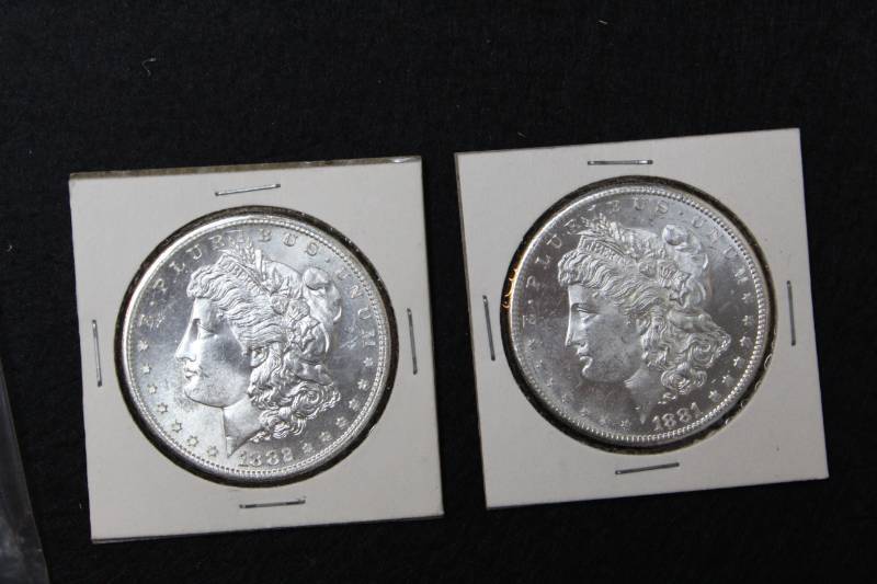 lot 12 image: Lot of  (2) Morgan Silver Dollars in Collector Sleeves