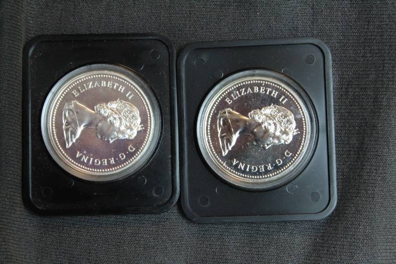 lot 34 image: Lot of (2) Specimen Canadian $1.00 Silver Dollar in Mint Sealed Acrylic Cases