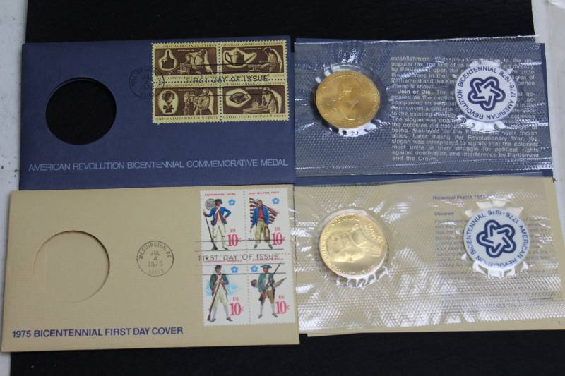 lot 37 image: Lot of (2) American Bicentennial Commemorative Medal & Stamps First Day Cover