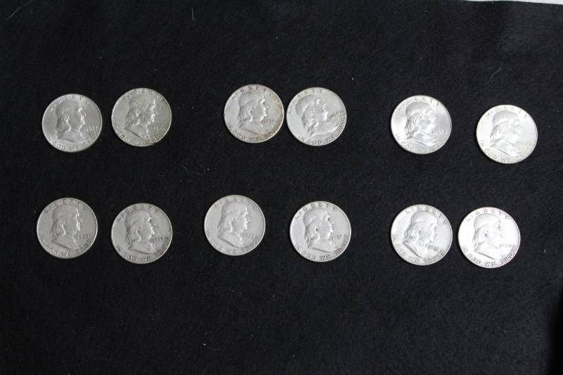 lot 68 image: Lot of (12) 1950s Franklin  Half Dollar Coins