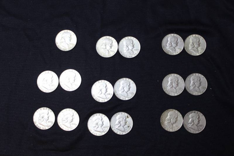 lot 92 image: Lot of (17) Pre 1964 Franklin Half Dollars