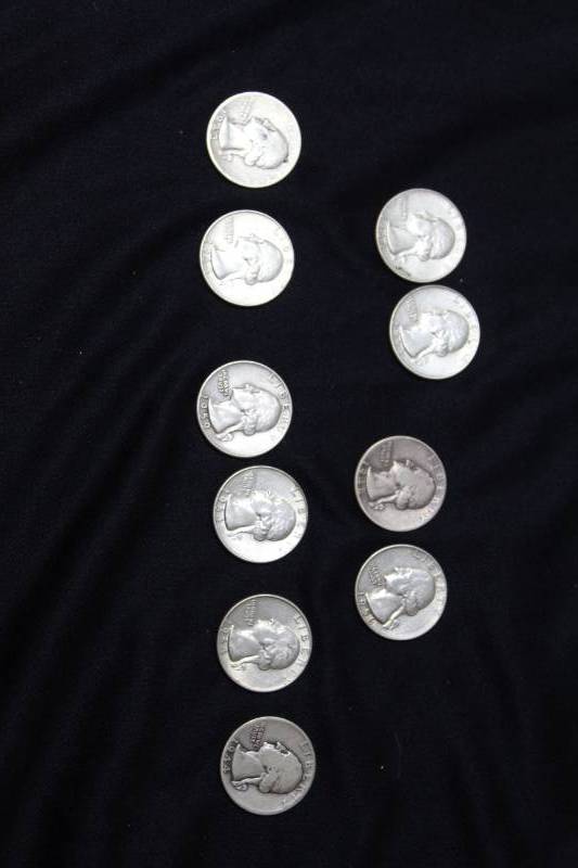 lot 100 image: Lot of (10)  PRE 1964 WASHINGTON 90% SILVER QUARTERS .