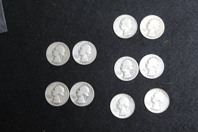 lot 98 image: Lot of (10)  PRE 1964 WASHINGTON 90% SILVER QUARTERS .