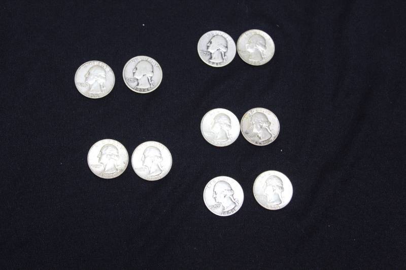 lot 99 image: Lot of (10)  PRE 1964 WASHINGTON 90% SILVER QUARTERS .