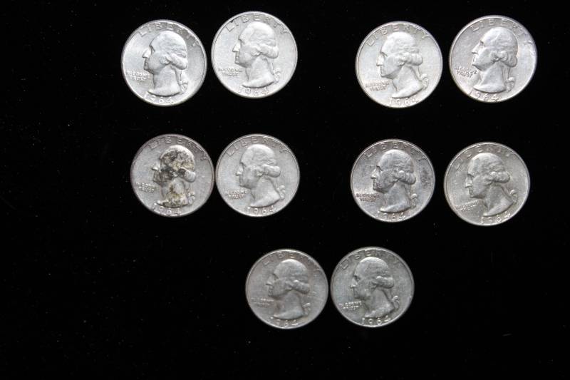 lot 126 image: Lot of (10)   1964 P WASHINGTON 90% SILVER QUARTERS .