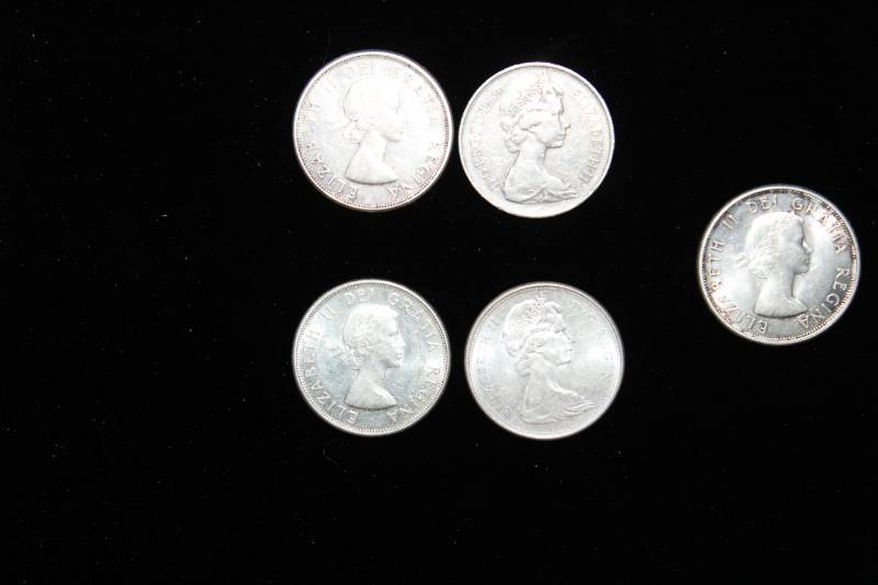 lot 119 image: Lot of (5) 1950 to 1870 Canadin Half Dollars