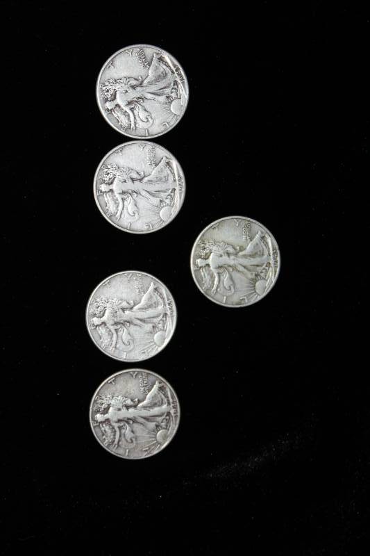 lot 116 image: Lot of (5) Walking Liberty Half Dollars