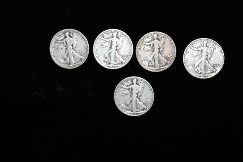 lot 115 image: Lot of (5) Walking Liberty Half Dollars