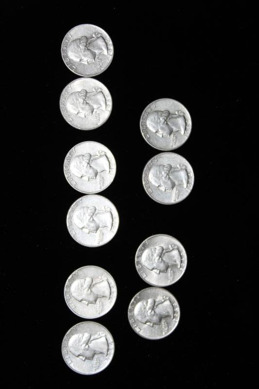 lot 131 image: Lot of (10)   1964 D WASHINGTON 90% SILVER QUARTERS .