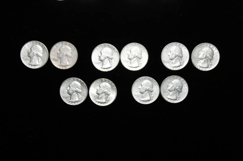 lot 145 image: Lot of (10)   1964 D WASHINGTON 90% SILVER QUARTERS .