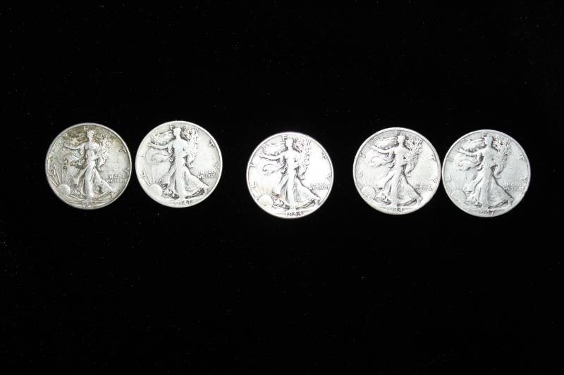 lot 147 image: Lot of (5) Walking Liberty Half Dollars
