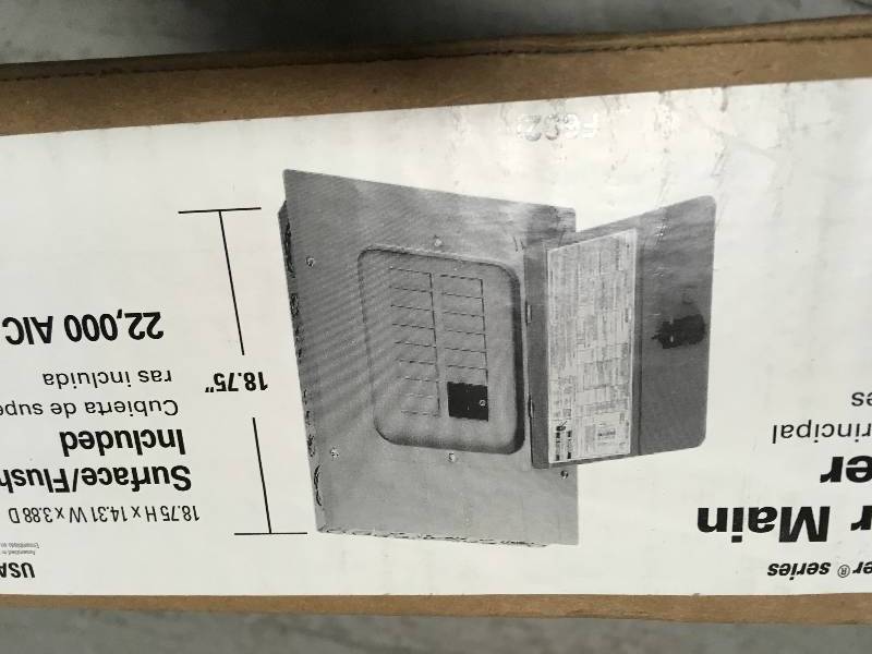 lot 8 image: EATON BR 100 Amp 12 Space 20 Circuit Indoor 22k Main Breaker Loadcenter with Combination Cover not used