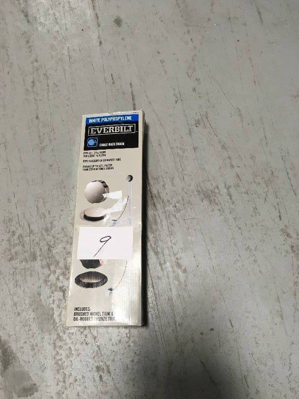 lot 9 image: EVERBILT Cable Drive 1-12 in. White Poly Pipe Bath Waste and Overflow Drain in Brushed Nickel and Oil Rubbed Bronze not used