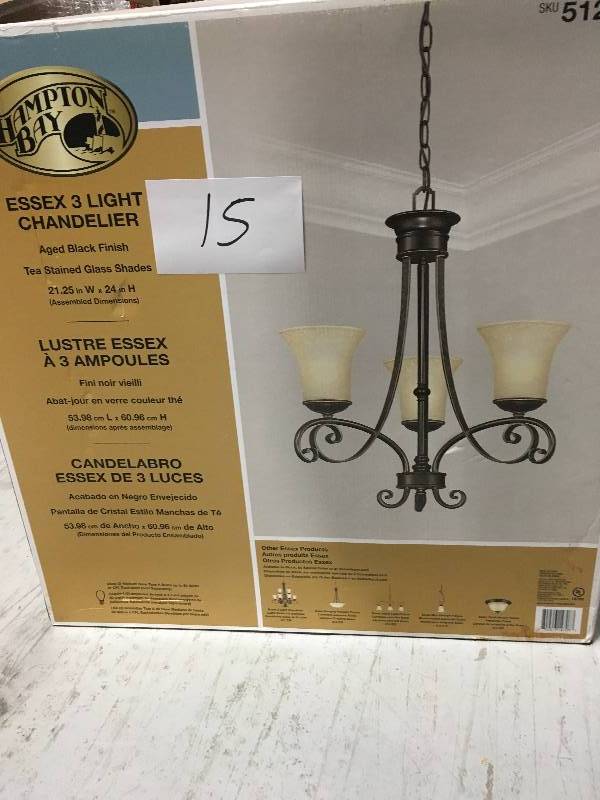 lot 15 image: Hampton Bay Essex 3-Light Aged Black Chandelier with Tea Stained Glass Shades in good Conditions