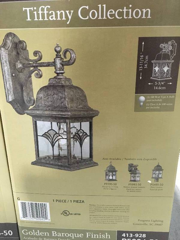 lot 22 image: LOT OF 2 Progress P5994-50 Tiffany 1 Light 14 inch Golden Baroque Outdoor Wall Lantern New