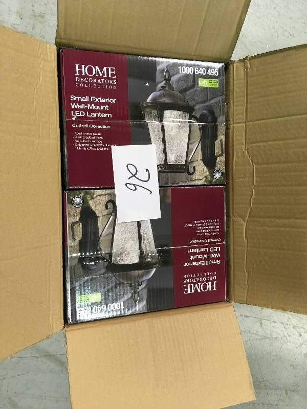 lot 26 image: Home Decorators Collection Aged Bronze Patina Outdoor LED Wall Lantern 100064  LOT OF 2 not used