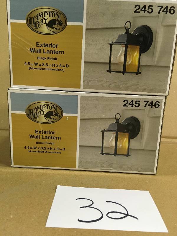 lot 32 image: Hampton Bay Black Outdoor Wall Lantern 245746 Beveled Glass LOT OF 2 not used