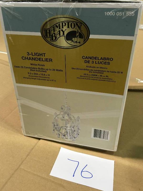 lot 76 image: Hampton Bay 3 Light White Mini Chandelier 1000051535 The not used