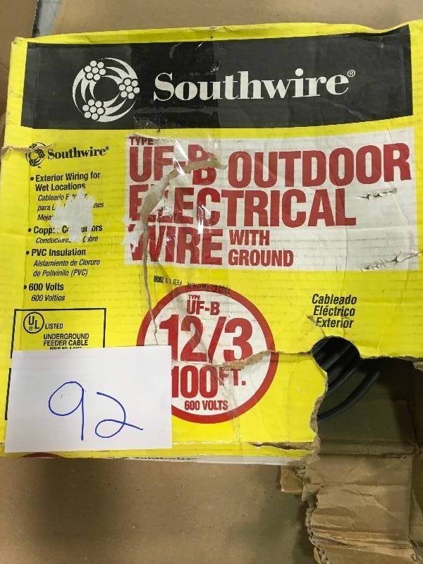 lot 92 image: SOUTHWIRE 123UF-WGX100 BUILDING WIRE 123 UF-B WG, 100FT.