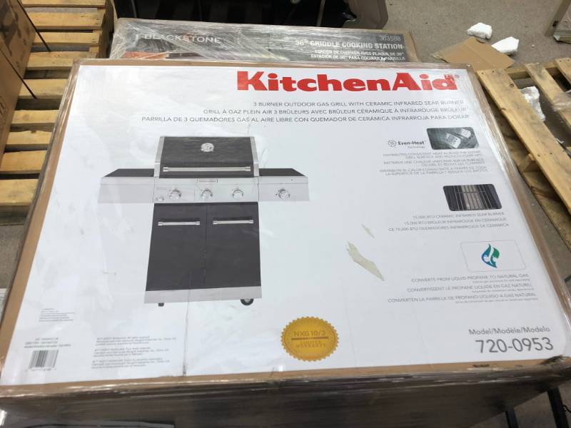 lot 123 image: KitchenAid 3-Burner Propane Gas Grill in Black with Ceramic Sear Side Burner not used whit small dent on the front covert