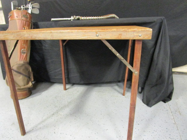 lot 55 image: Vintage Wood Folding Table, Golf Clubs, Sink Spray Nozzle