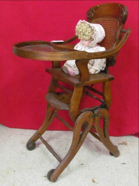 lot 135 image: vintage high chair, stroller , musical Betty Jane  porcelain doll