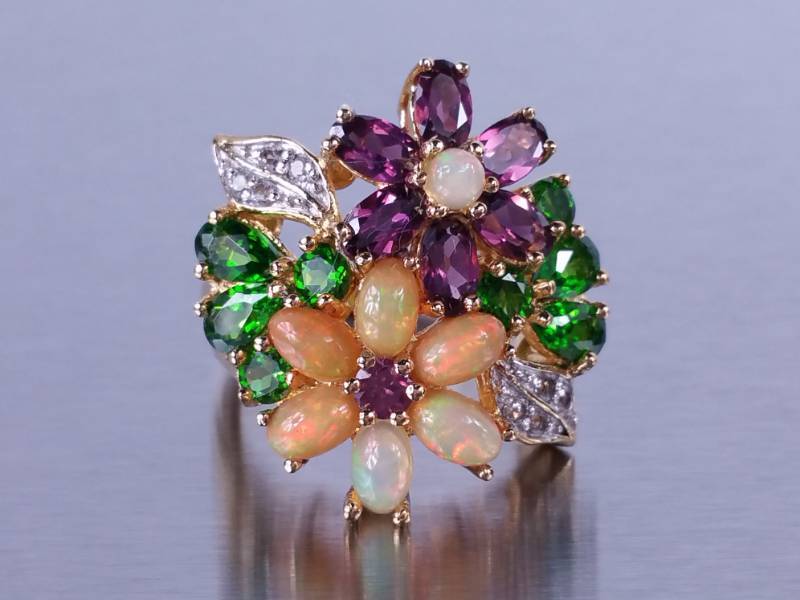 Opal & Purple Garnet Emerald Estate Ring