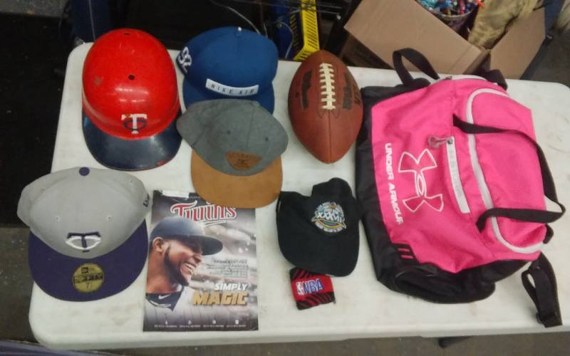 Assorted Sports Related MN Twins Helmet, Caps, Under Armour Duffel