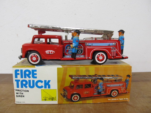 lot 17 image: MINT IN BOX Vintage Tin Friction Toy Fire Truck
