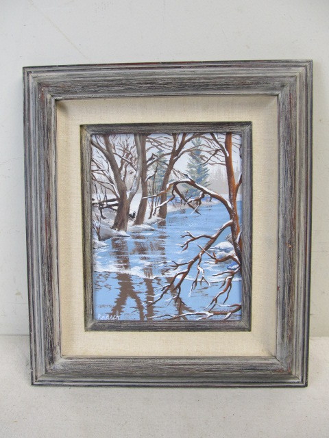 lot 78 image: Vintage Framed Signed Oil on Canvas Winter Forest Landscape Painting