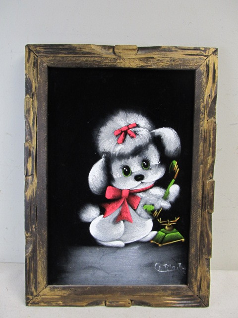 lot 80 image: Vintage Framed Signed Puppy Velvet Painting